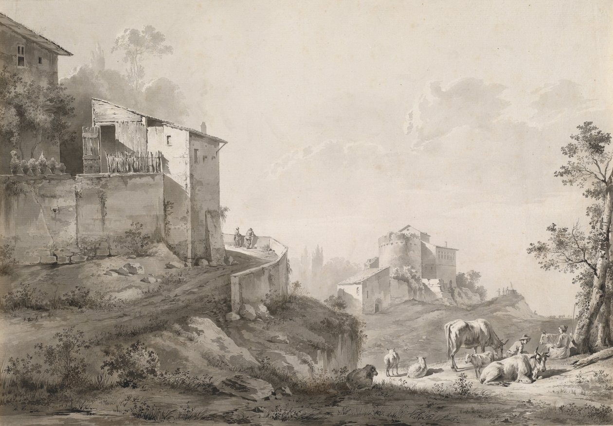 Een zonovergoten landschap met huizen op een heuveltop door Jean Jacques de Boissieu