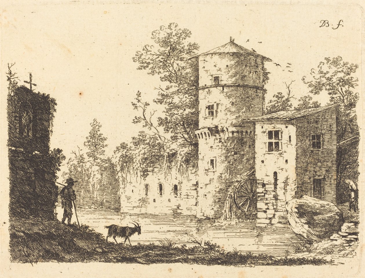 Oude toren met een watermolen door Jean Jacques de Boissieu