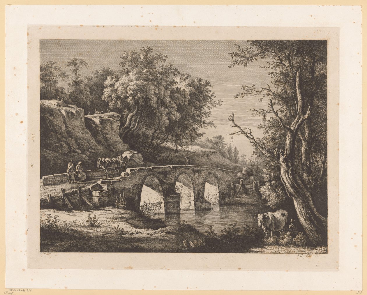 Landschap met figuren op een stenen brug door Jean Jacques de Boissieu