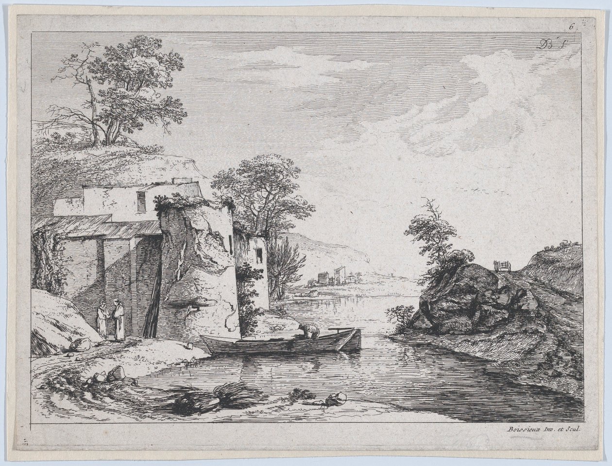 Oude torens aan een rivierbank, 1763 door Jean Jacques de Boissieu