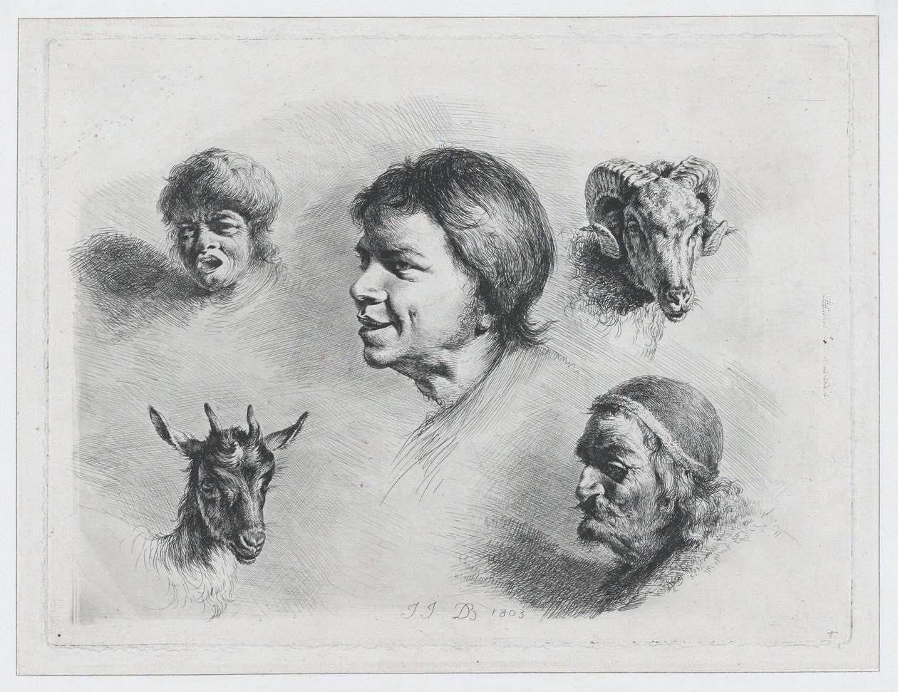 Studie van vijf hoofden, 1803 door Jean Jacques de Boissieu