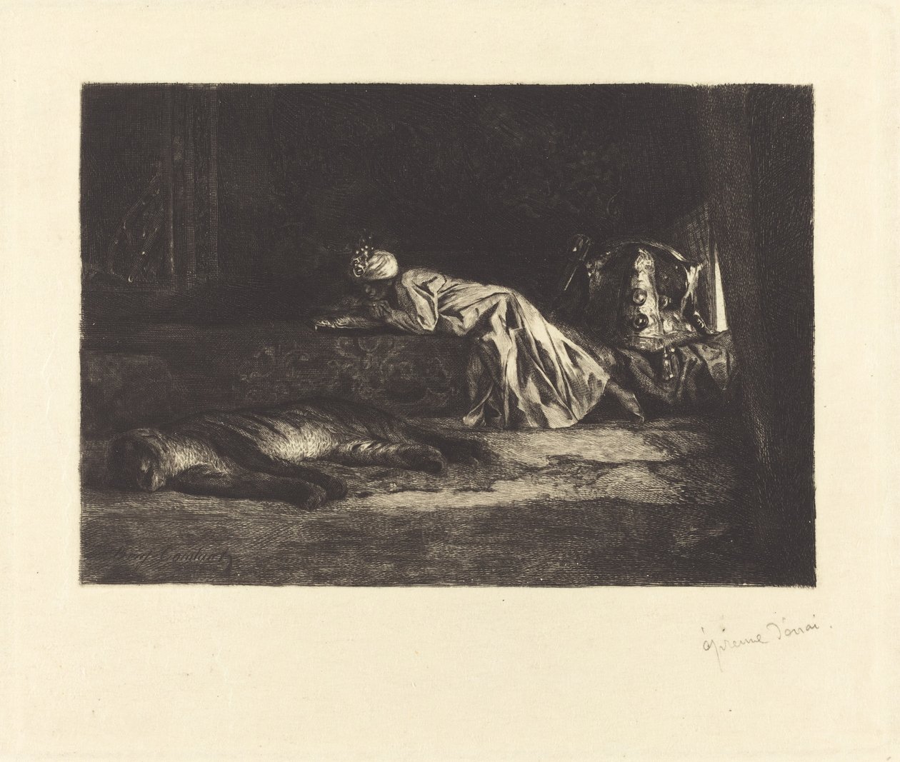 Oosters interieur met slapende tijger door Jean Joseph Benjamin Constant