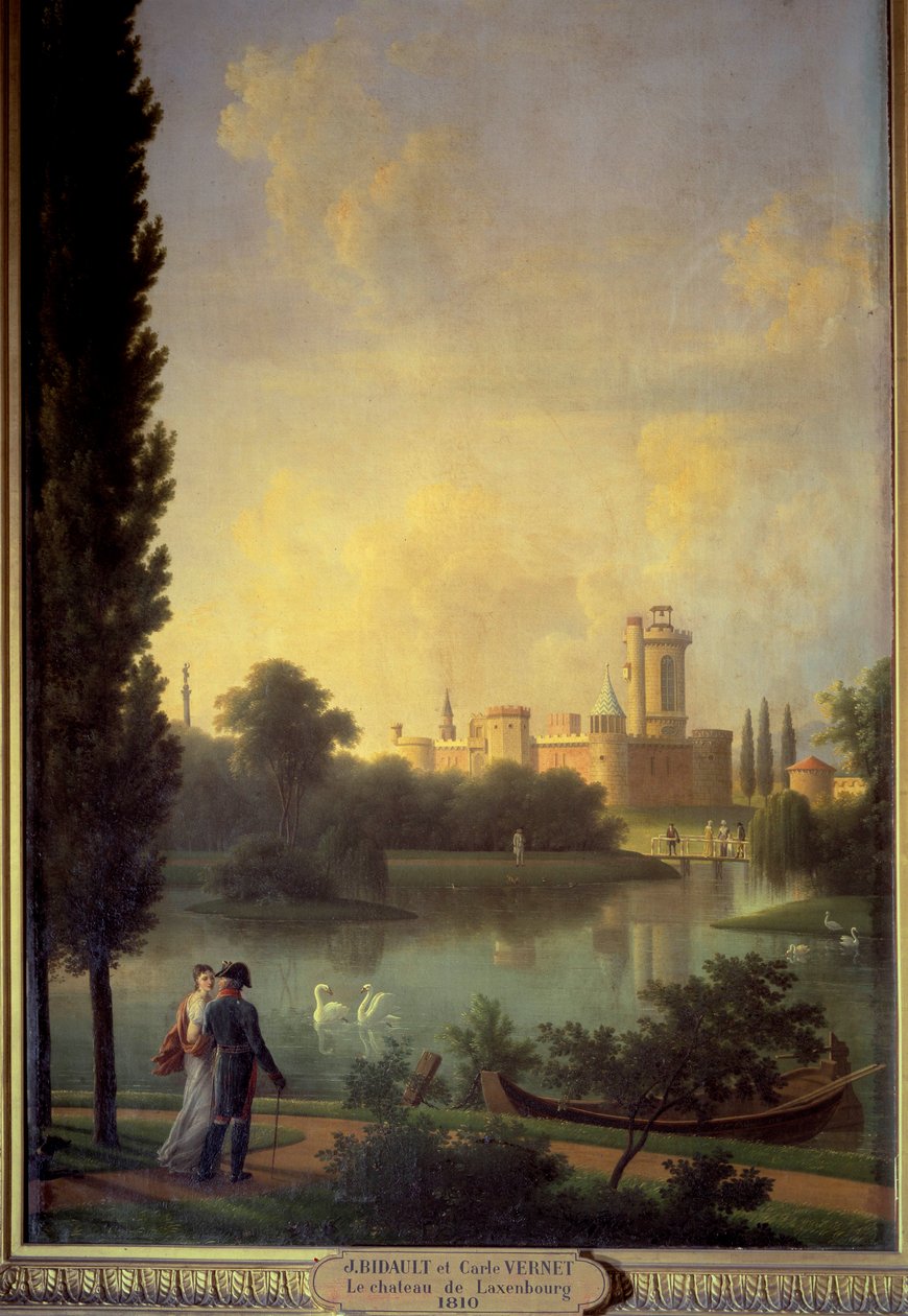 Het kasteel van Laxembourg, op de voorgrond de keizer van Oostenrijk en aartshertogin Marie Louise door Jean Joseph Bidault