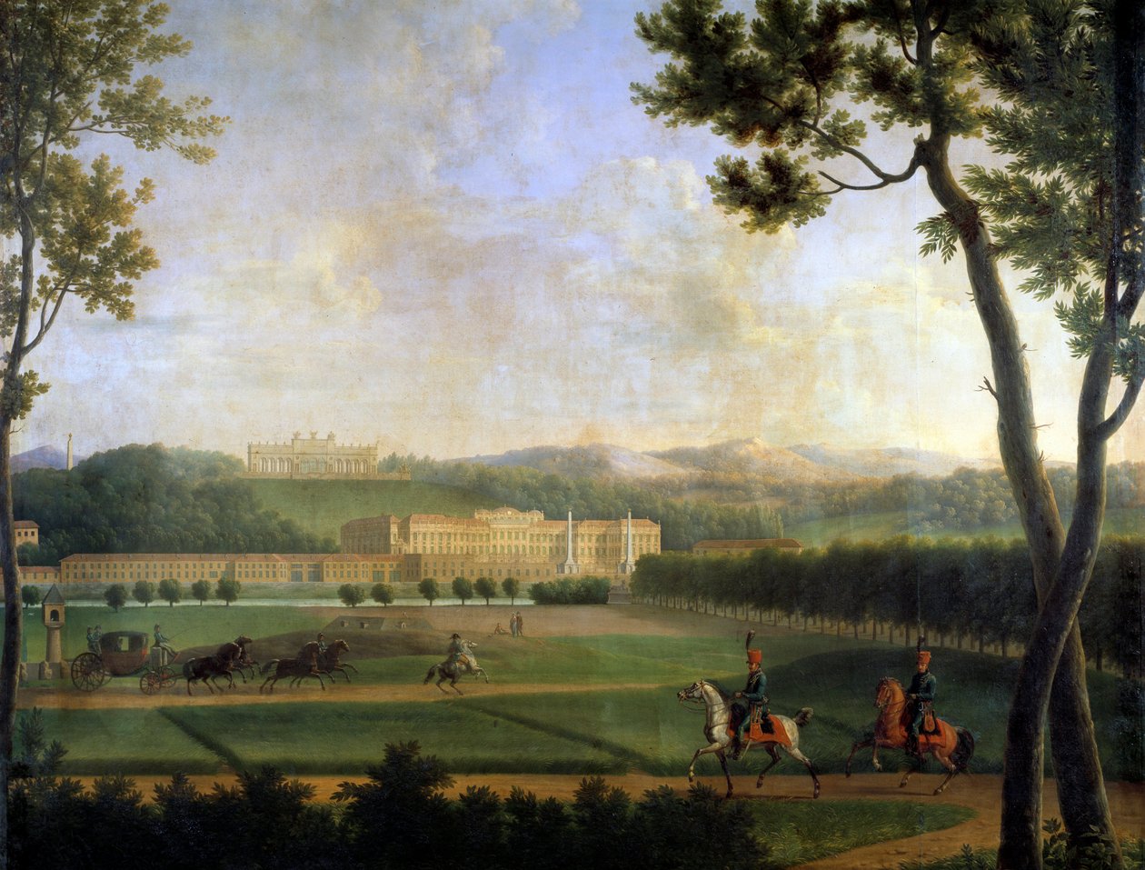 Zicht op het Keizerlijk Paleis van Schönbrunn, Wenen Oostenrijk. Dit is de zomerresidentie van de Habsburgers gebouwd aan het einde van de 17e eeuw door Johann Fischer von Erlach. Detail van een schilderij door Joseph Bidault (1758-1846) 1810 Parijs, musee door Jean Joseph Bidault