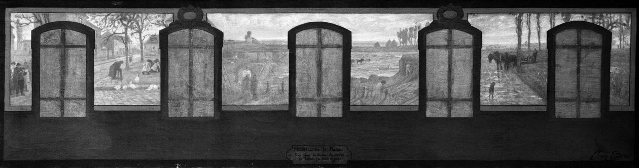 Schets voor het stadhuis van Fresnes: Op het plateau, Een plein in Fresnes. De steengroeven. Ploegen aan het eind van de dag door Jean Joseph Enders