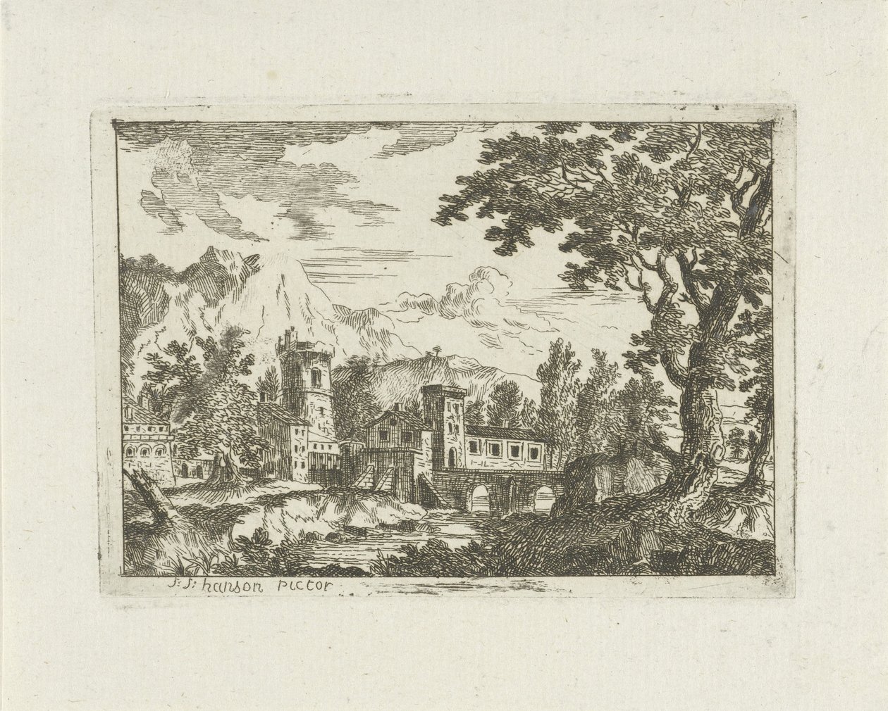 Stenen gebouwen aan een rivier door Jean Joseph Hanson