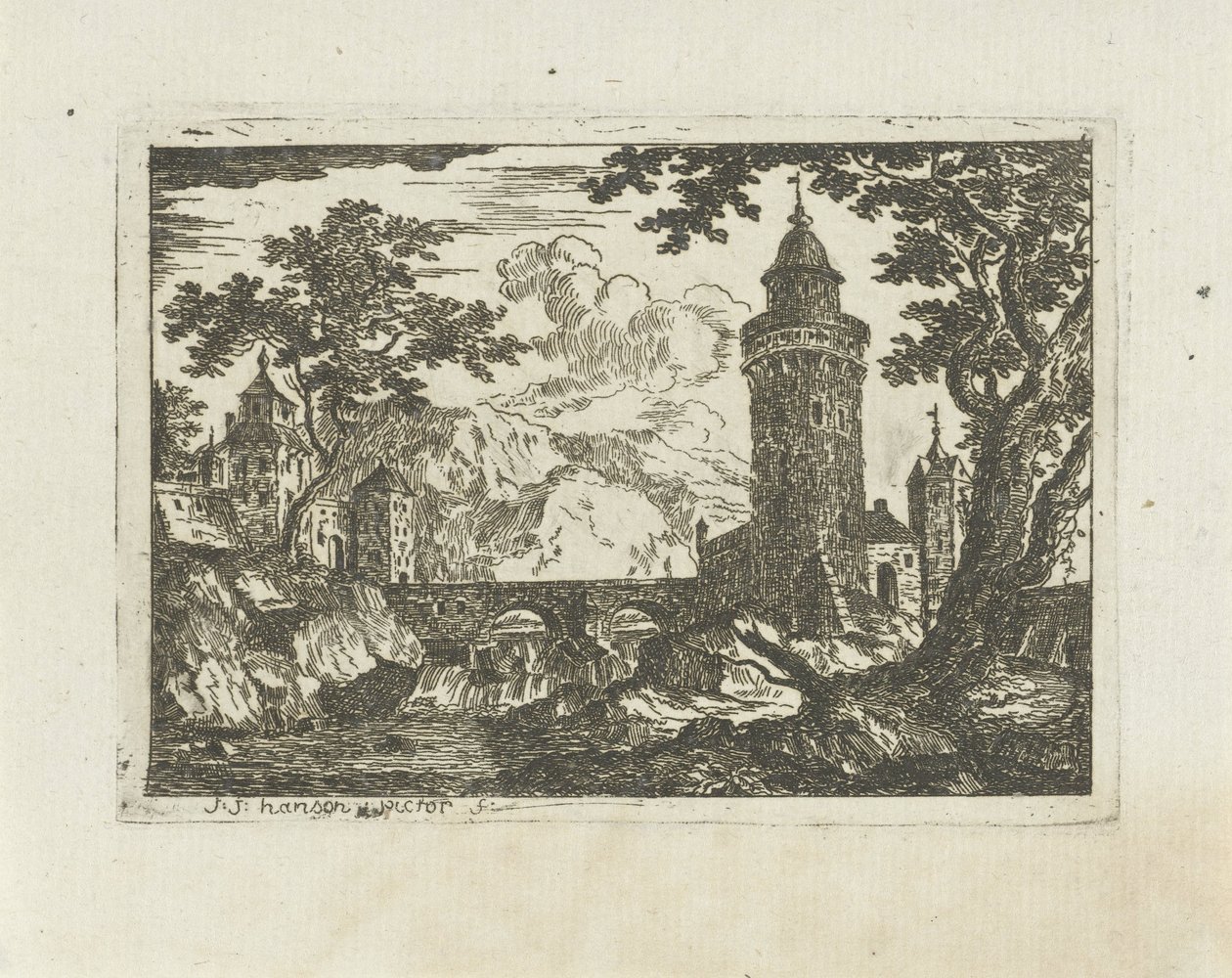 Toren en stenen brug in een berglandschap door Jean Joseph Hanson