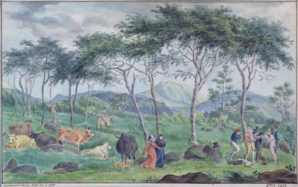 Kudde vee met koeherders bij de rivier ten oosten van het Ile de la Reunion, oktober 1812 door Jean Joseph Patu de Rosemont