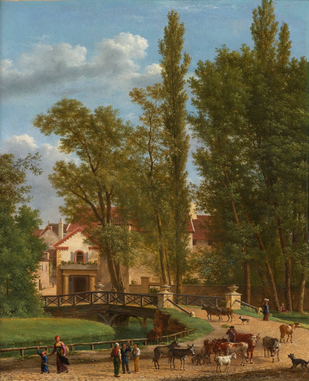 Dorpelingen en dieren in een landschap naast een brug bij de ingang van een dorp door Jean Joseph Xavier Bidauld