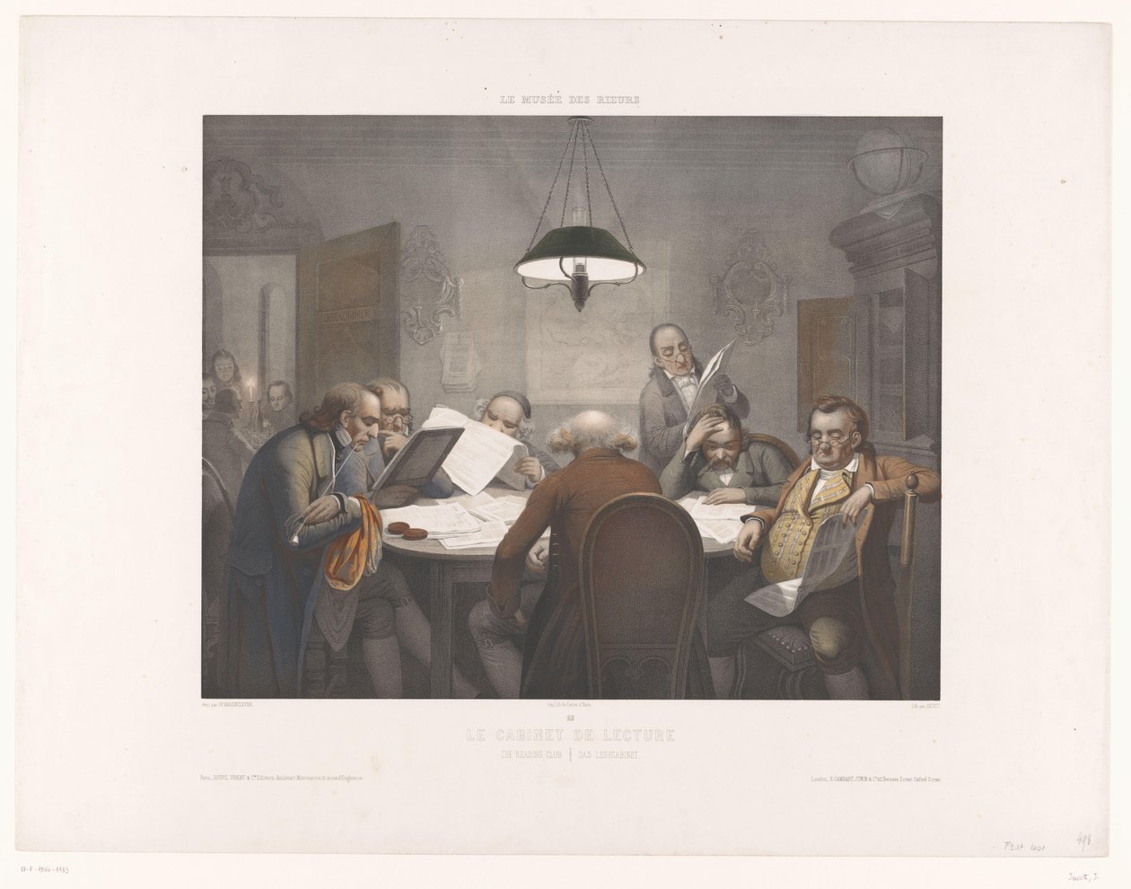 Leeskabinet met lezende mannen aan een ronde tafel door Jean Julien Jacott