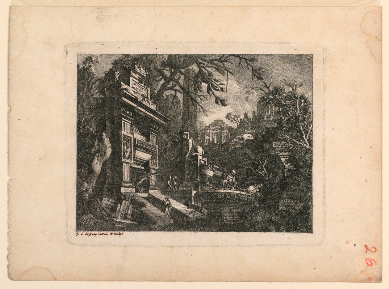 Architectonische Fantasie met Graf en Ruïnes, Plaat uit "Rovine Inventione de Giovan. Loren, Legeay Architet. Intagliate da lui stesso in Luce 1768" door Jean Laurent Legeay