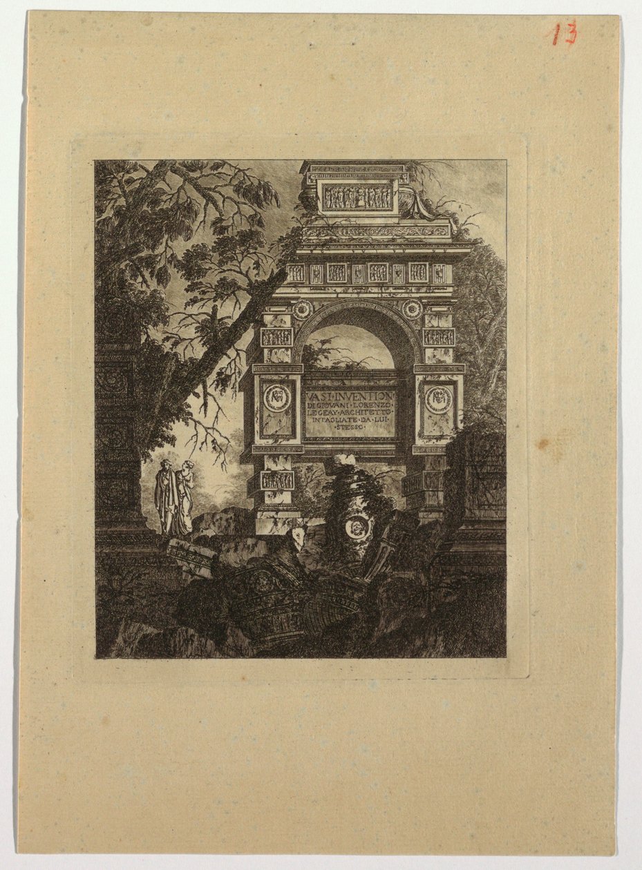 Frontispice, vasi invention, uit "Collection de divers sujets de vases, tombeaux, ruines et fontaines, utile aux artistes..." door Jean Laurent Legeay