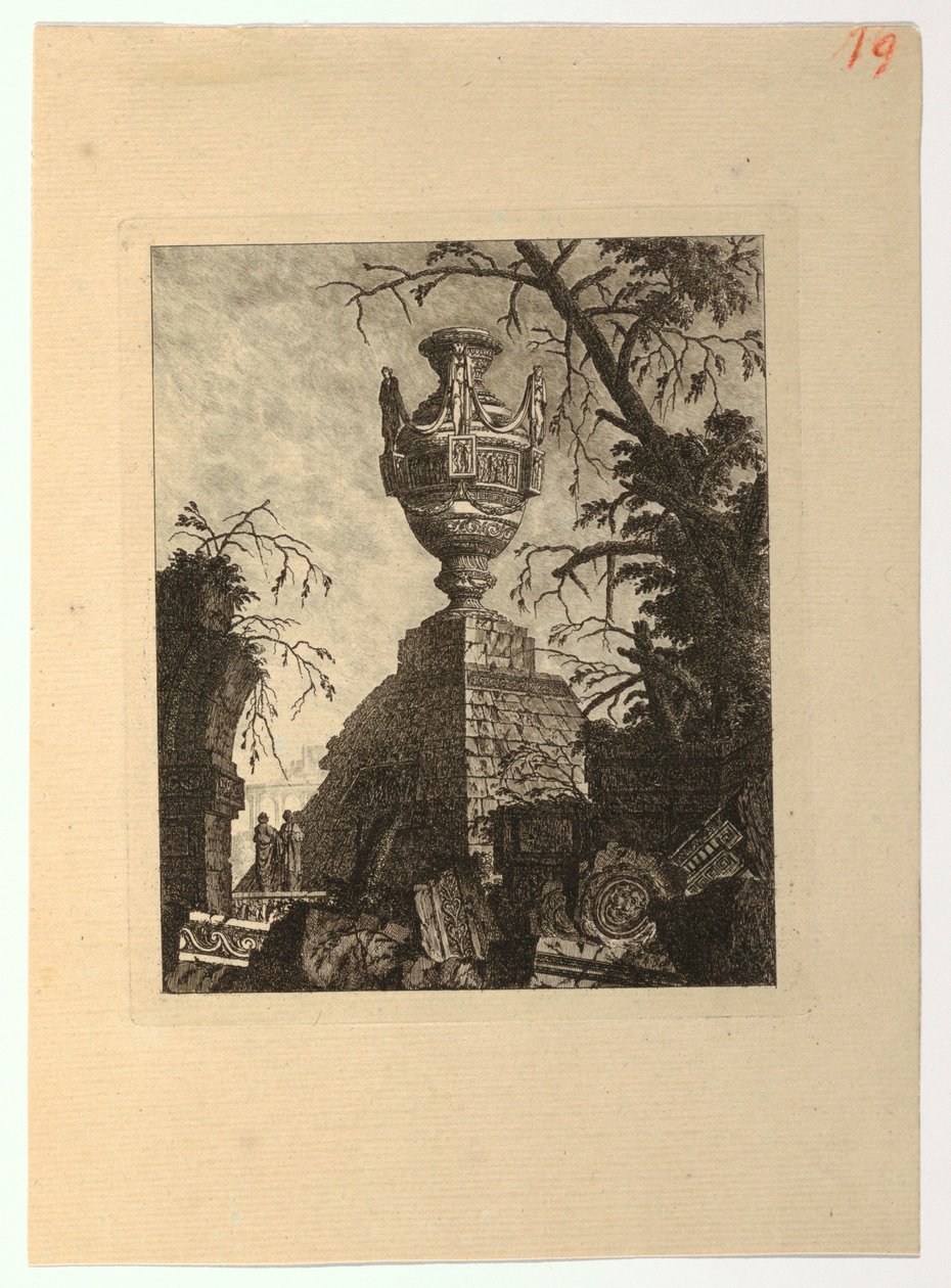 Piramide bekroond met een Monumentale Vaas, uit "Collectie van Diverse Onderwerpen van Vazen, Graven, Ruïnes en Fonteinen, nuttig voor kunstenaars..." door Jean Laurent Legeay