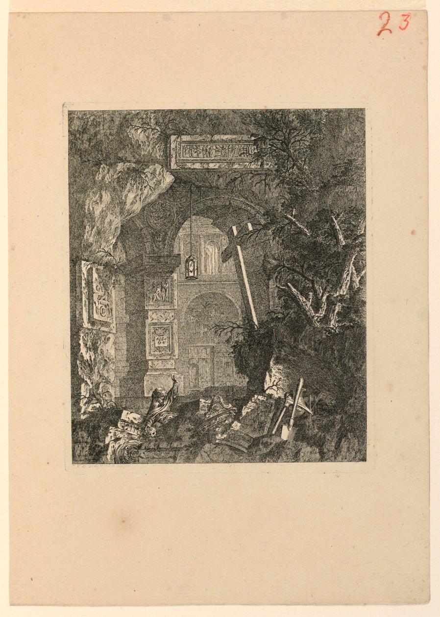 Saint-François (?) in een landschap van ruïnes door Jean Laurent Legeay