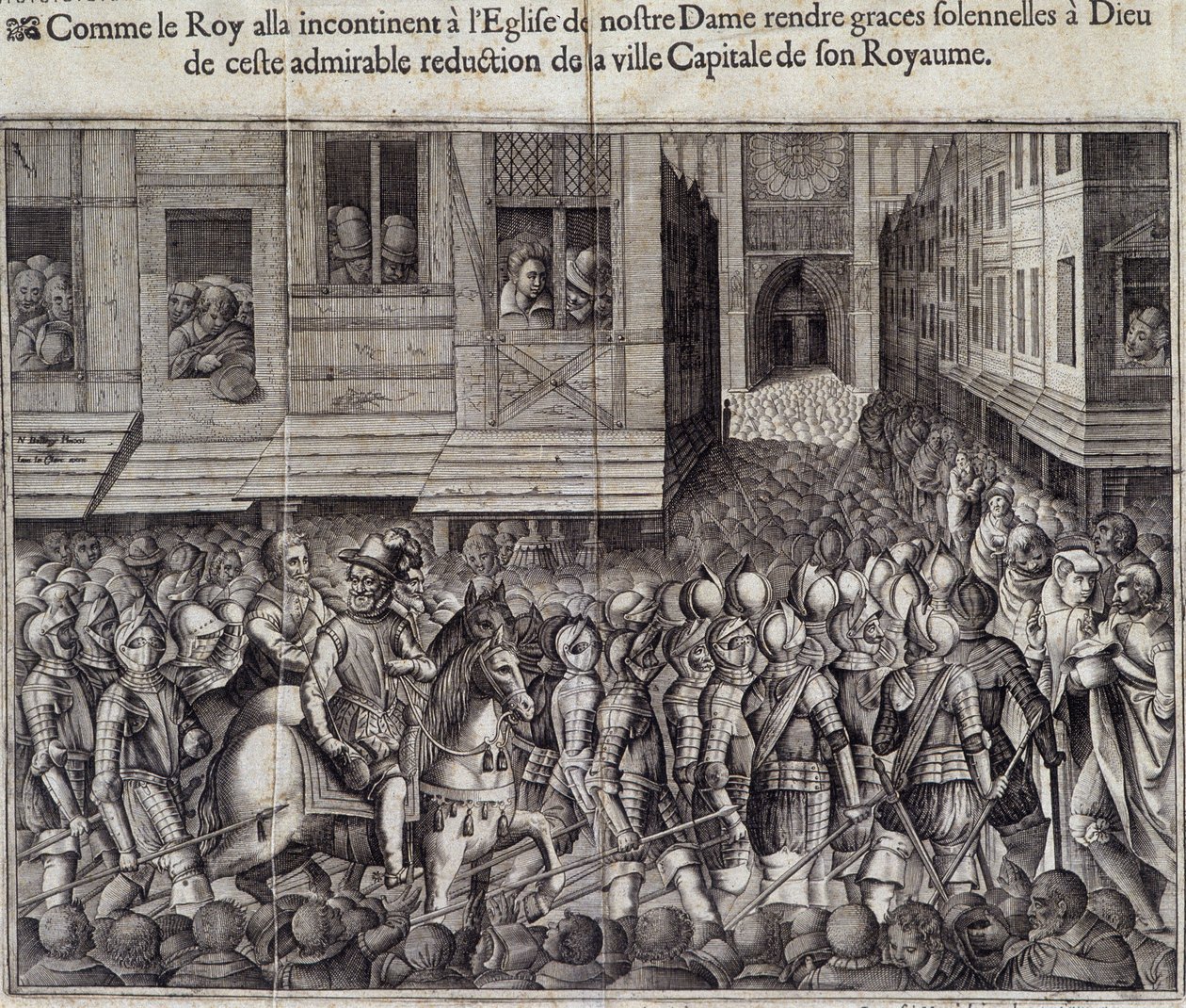Intocht van Hendrik IV (1553 - 1610) in Parijs op 22 maart 1594 en naar de Kathedraal van Notre Dame om de mis bij te wonen - Gravure door Jean Lecler, naar Bollery, Musée de Notre Dame de Paris door Jean Leclerc