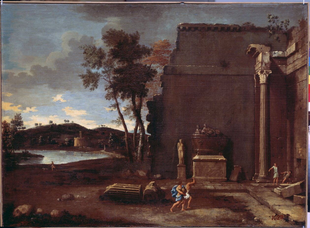 Landschap met sarcofaag. Schilderij van Jean Le Maire. Franse kunst, olie op doek. Hermitage Museum, Sint-Petersburg door Jean Lemaire