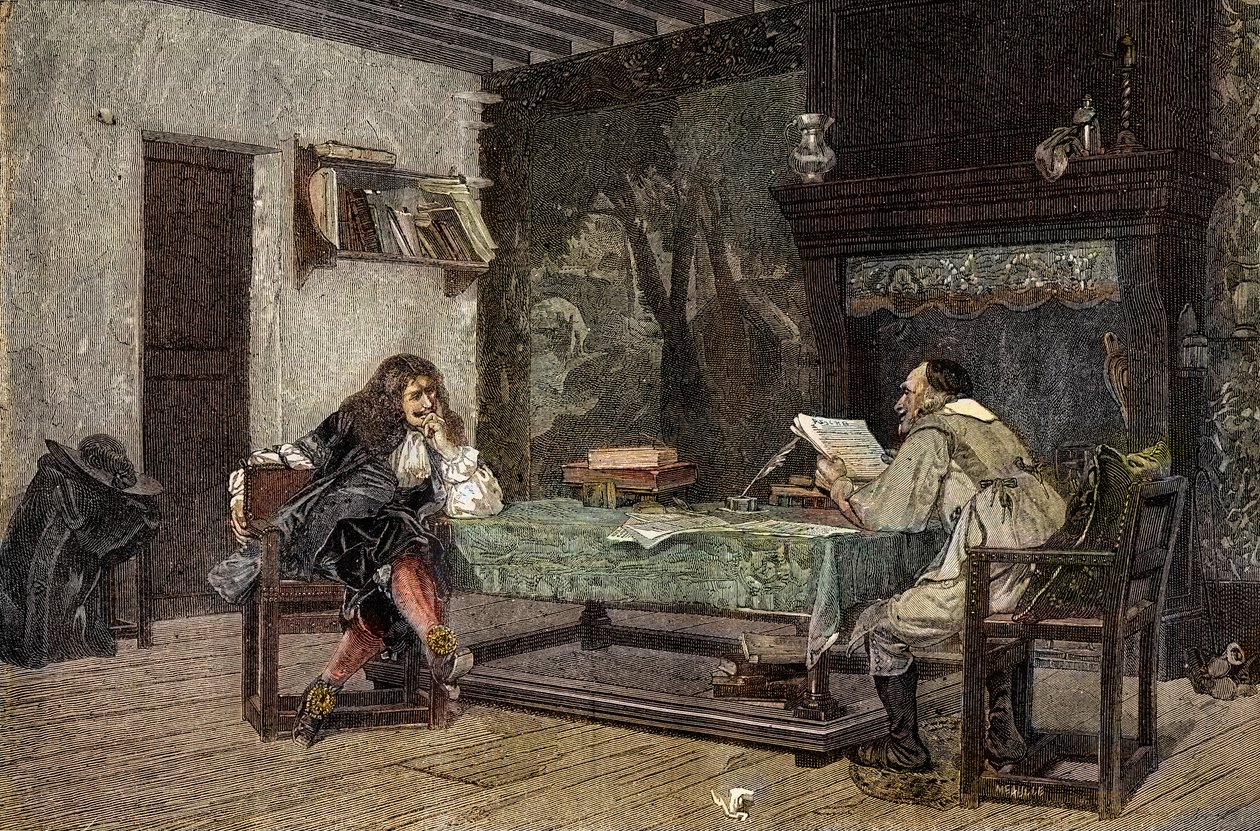 Samenwerking tussen Jean Baptiste Moliere en Pierre Corneille Franse dramaturgen (gravure naar het schilderij van Jean-Leon Gerome) door Jean Leon (after) Gerome