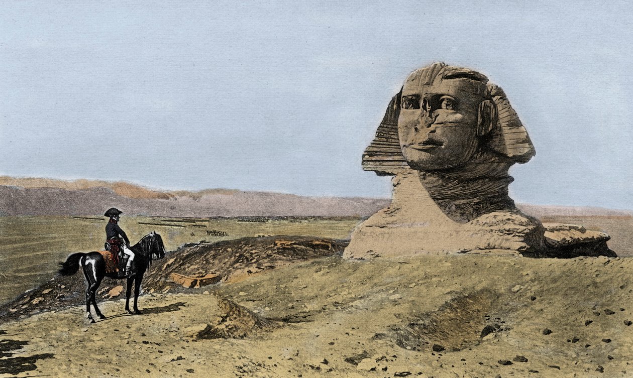 Napoleon en de Sfinx - Campagne (Expeditie) van Egypte (1798-1801): Napoleon I Bonaparte (1769-1821) voor de Sfinx van Gizeh in Egypte door Jean Leon (after) Gerome