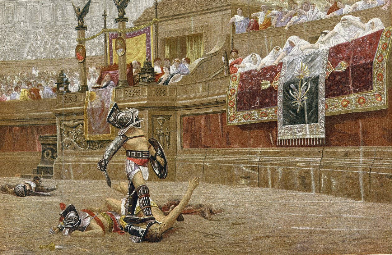 Gladiatoren in de Romeinse arena: toeschouwers geven de 