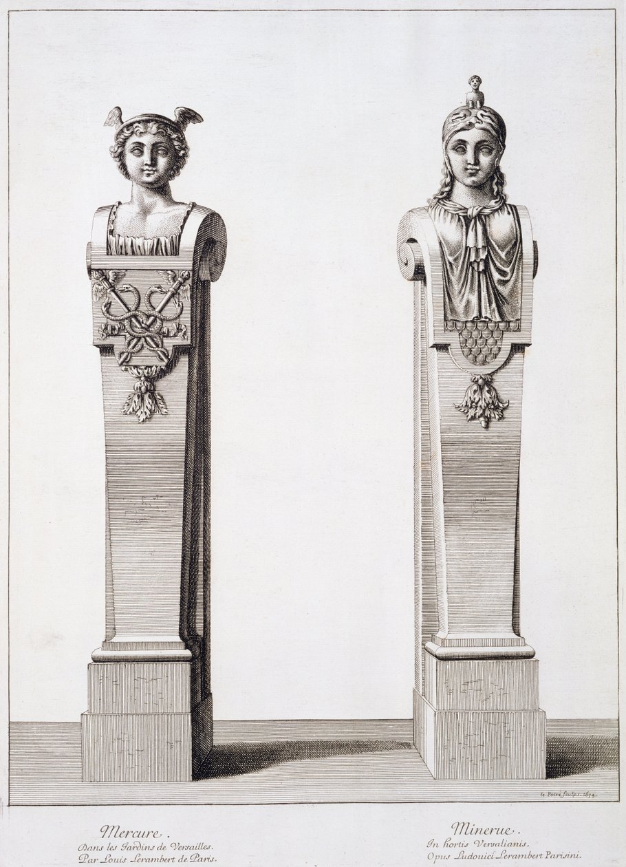 Bustes van Mercurius en Minerva door Louis Lerambert in Versailles, 1674 door Jean Lepautre