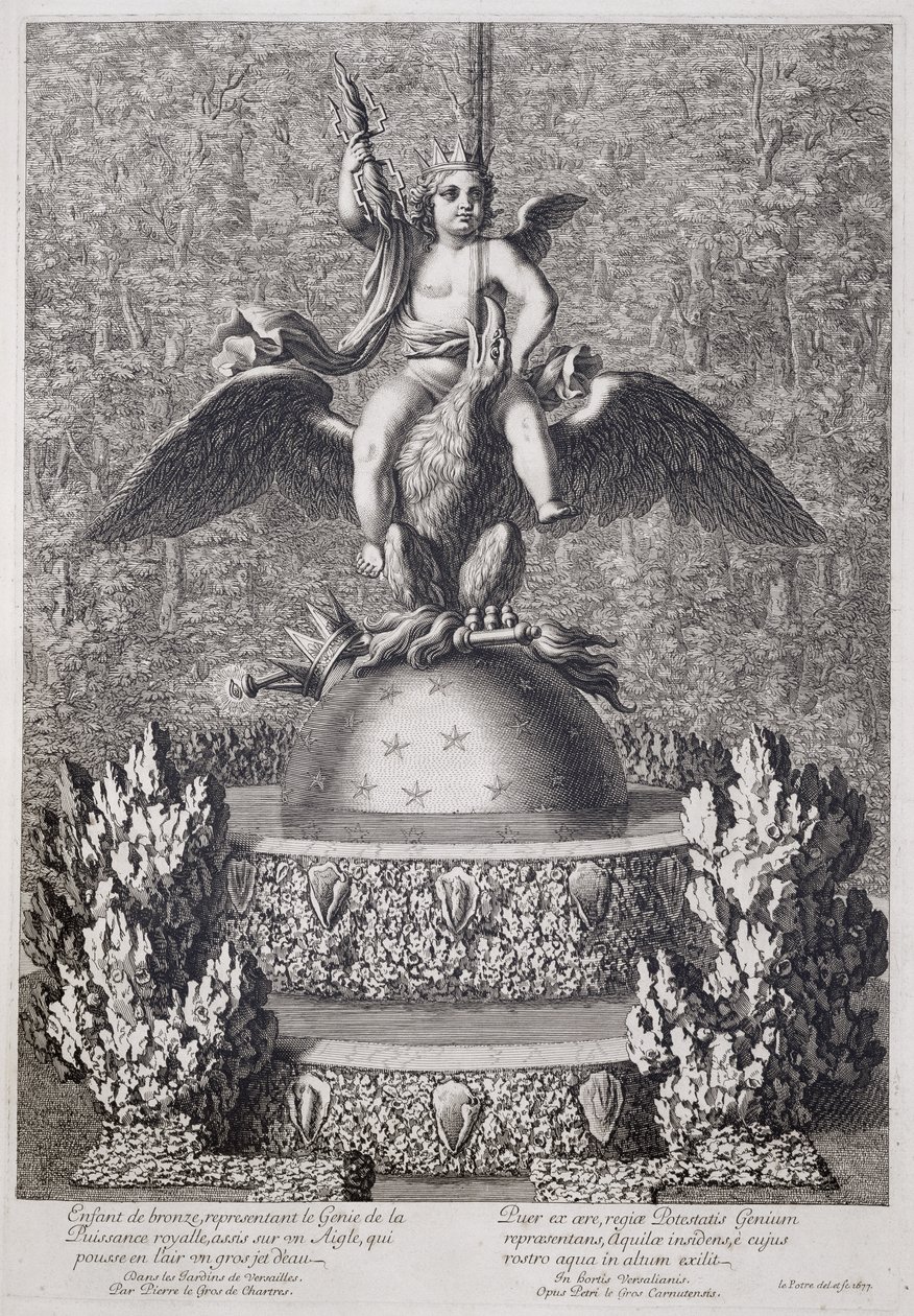 Fonteinen met een kind dat de Genius van Koninklijke Macht vertegenwoordigt door Pierre le Gros, in Versailles, 1677 door Jean Lepautre