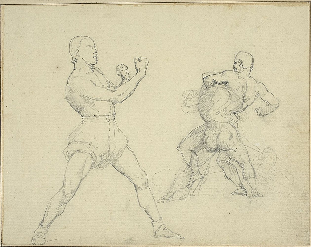Bokser met gezicht naar rechts en twee worstelende mannen door Jean Louis André Théodore Géricault