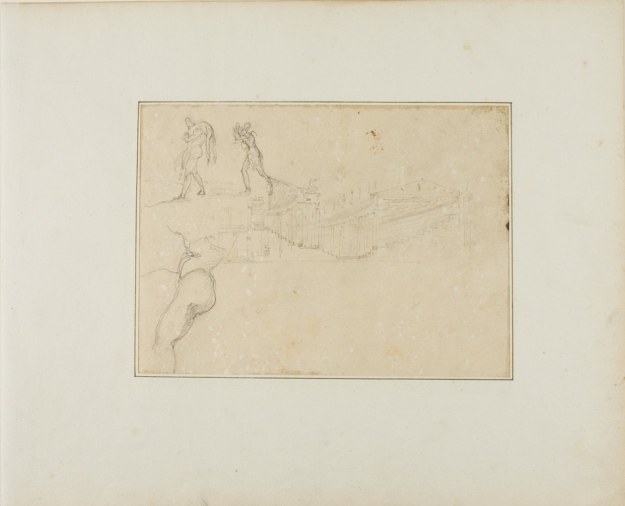 Doorsnede van een zuilenhal en drie figuurschetsen door Jean Louis André Théodore Géricault