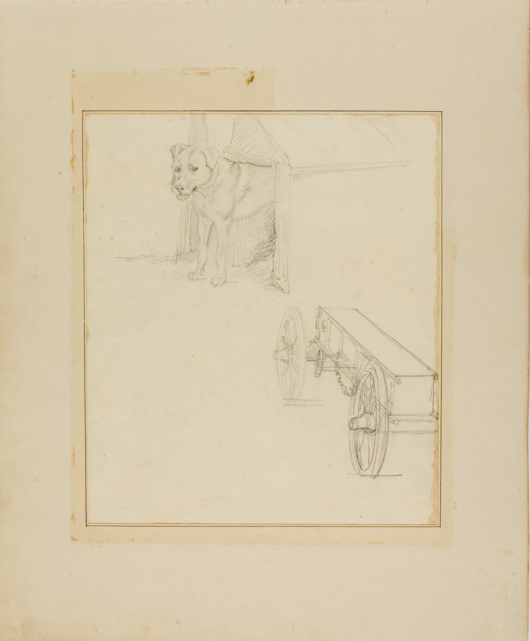 Hond in hondenhok en studie van een munitiekar door Jean Louis André Théodore Géricault