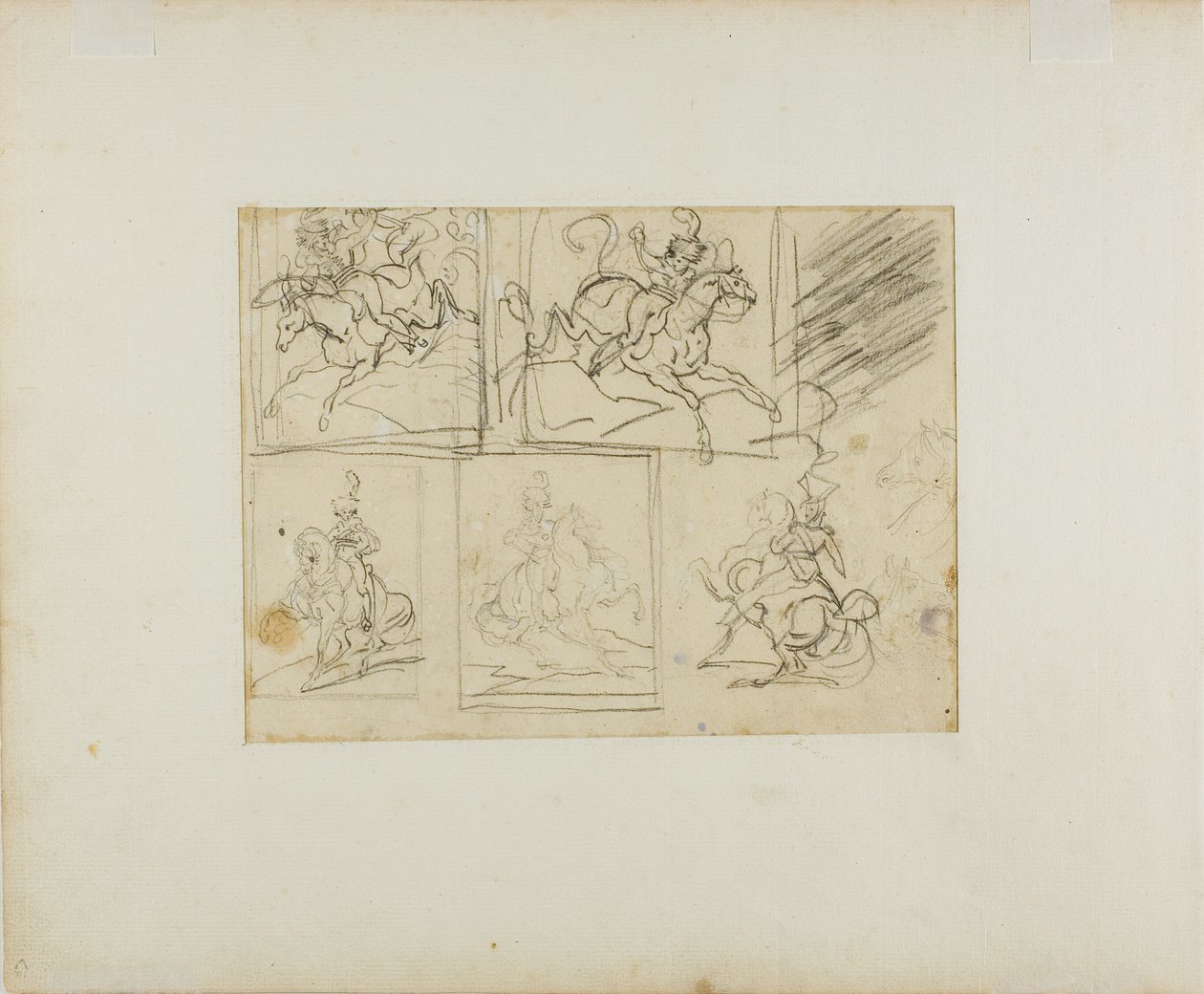 Vier schetsen van een bereden trompetter en een Poolse lansier door Jean Louis André Théodore Géricault