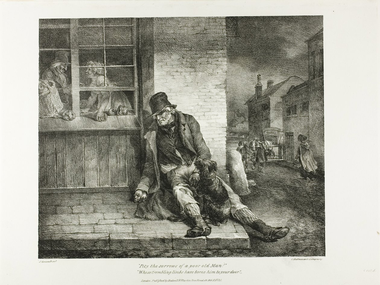 Heb medelijden met de zorgen van een arme oude man!... plaat 2 uit verschillende onderwerpen, getekend uit het leven en op steen (De Engelse suite) door Jean Louis André Théodore Géricault