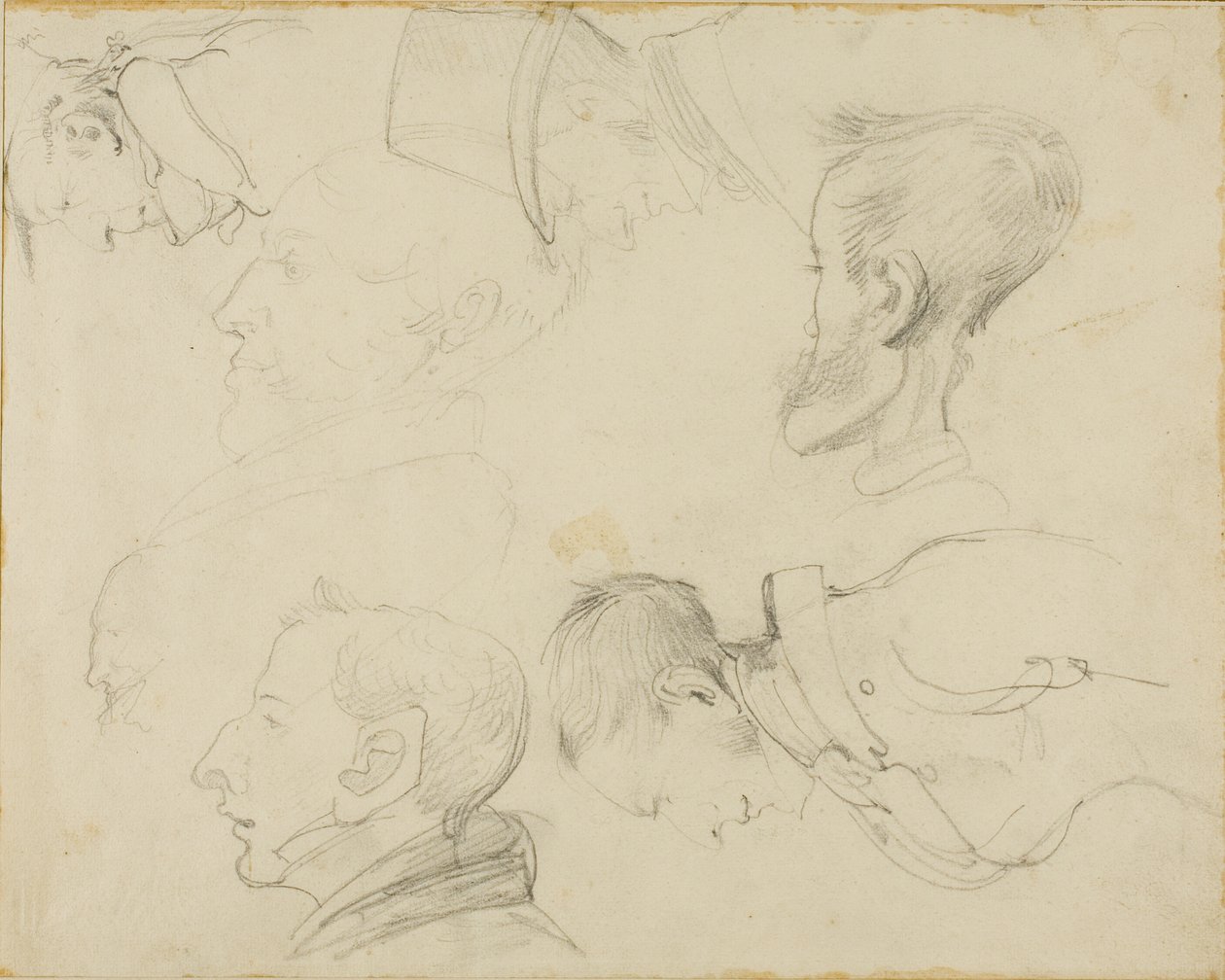 Zeven karikaturen van hoofden door Jean Louis André Théodore Géricault