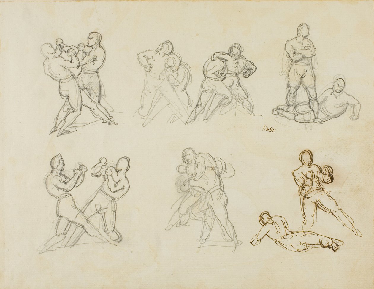 Zeven schetsen van paren boksers door Jean Louis André Théodore Géricault
