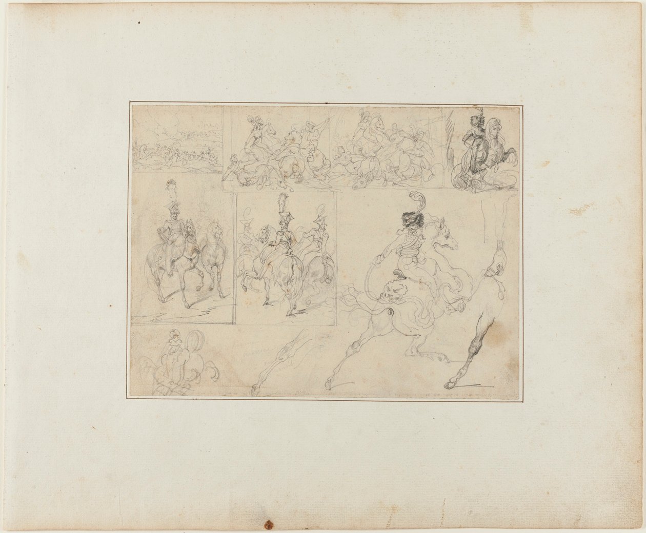 Blad met schetsen: Cavalerie veldslagen en bereden soldaten door Jean Louis André Théodore Géricault