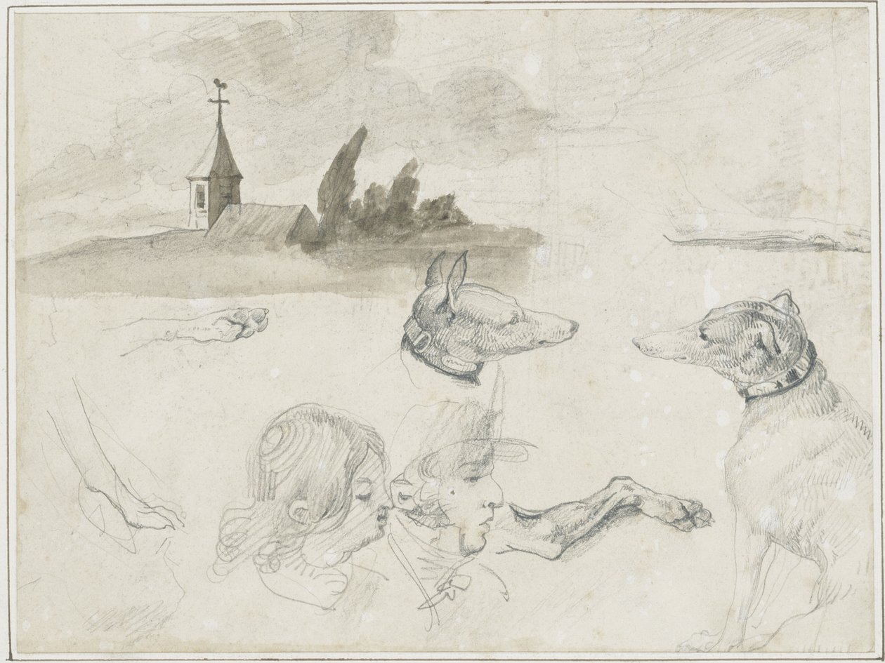 Blad met schetsen: Greyhounds; Een mannelijk en een vrouwelijk hoofd in door Jean Louis André Théodore Géricault