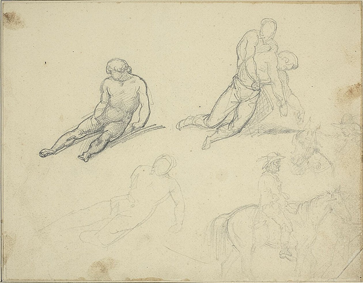Schetsen: Liggend naakt, man die het lichaam ondersteunt van door Jean Louis André Théodore Géricault