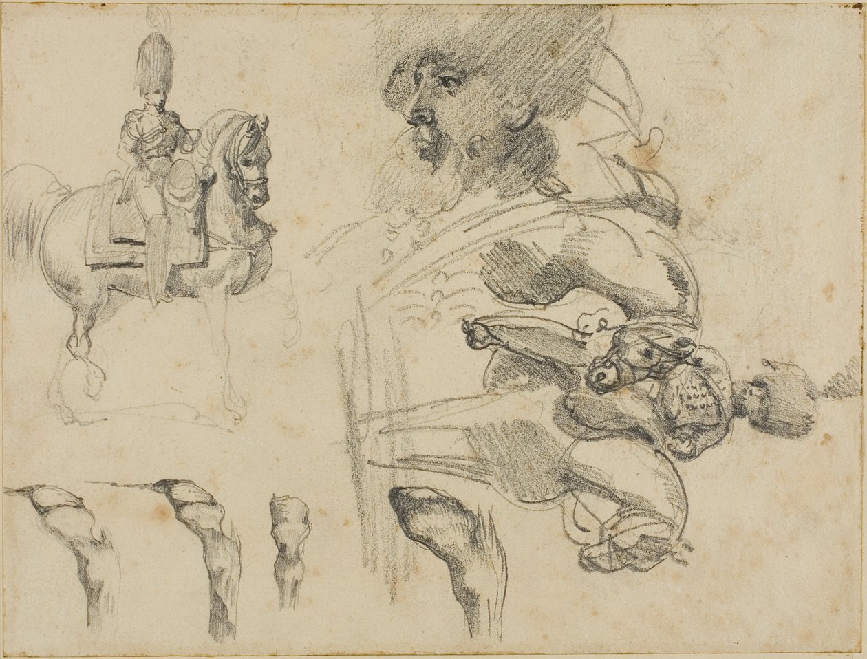Schetsen van paarden, soldaten en hoeven door Jean Louis André Théodore Géricault