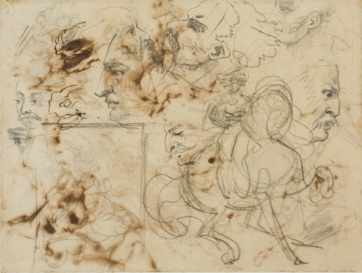 Schetsen van mannengezichten, paardensnuiten en bereden soldaten door Jean Louis André Théodore Géricault