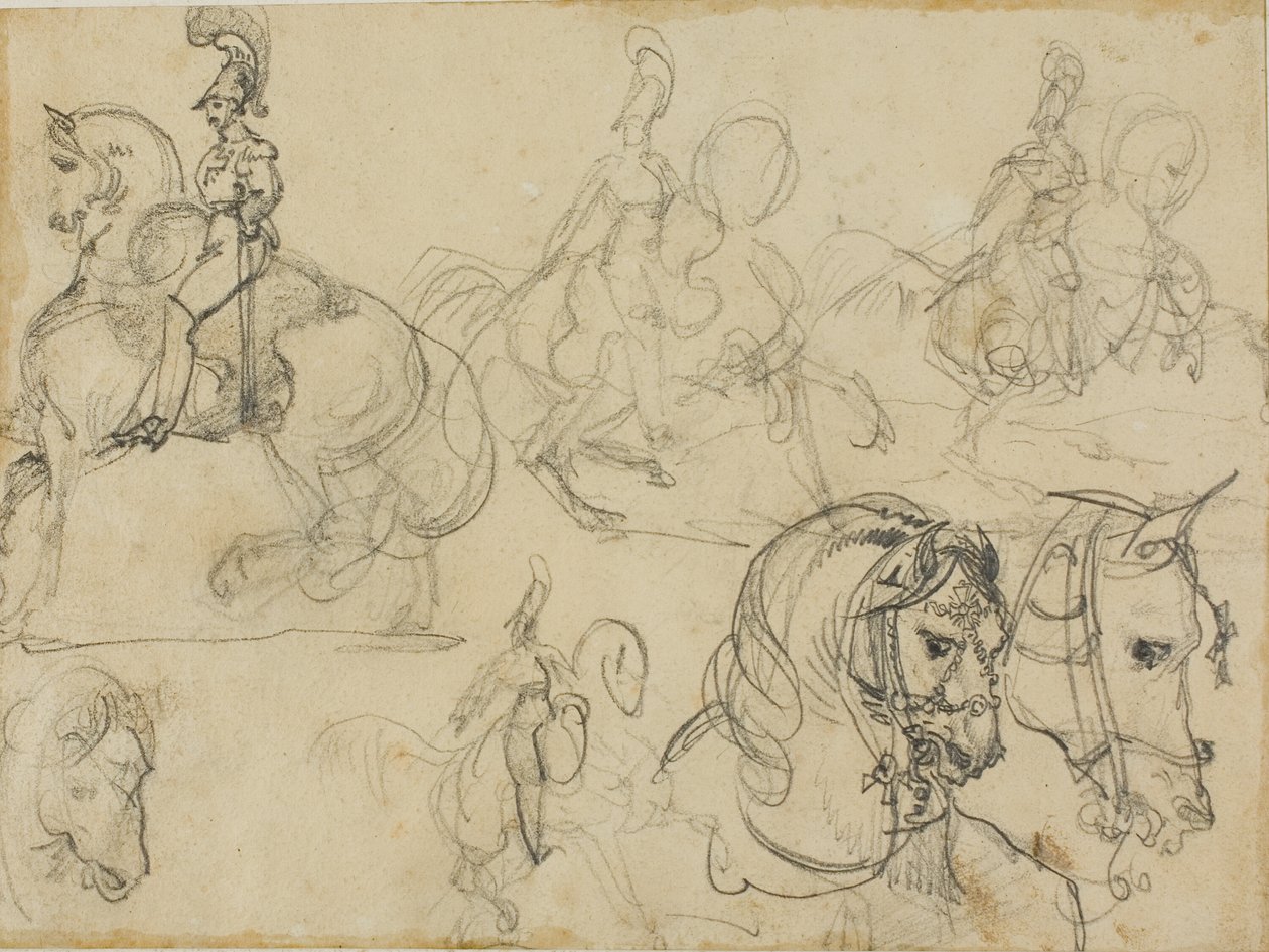 Schetsen van bereden karabiniers en paardenkoppen door Jean Louis André Théodore Géricault