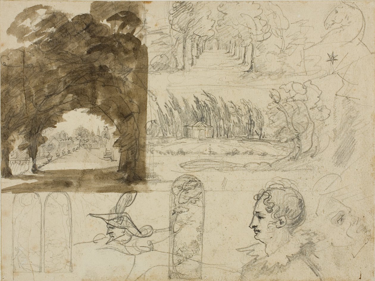 Schetsen van parkgezichten, hoofden, een paard door Jean Louis André Théodore Géricault