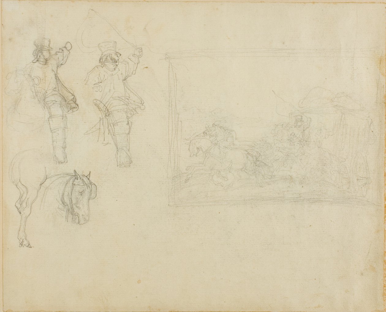 Schetsen van postiljons en een postkoets door Jean Louis André Théodore Géricault