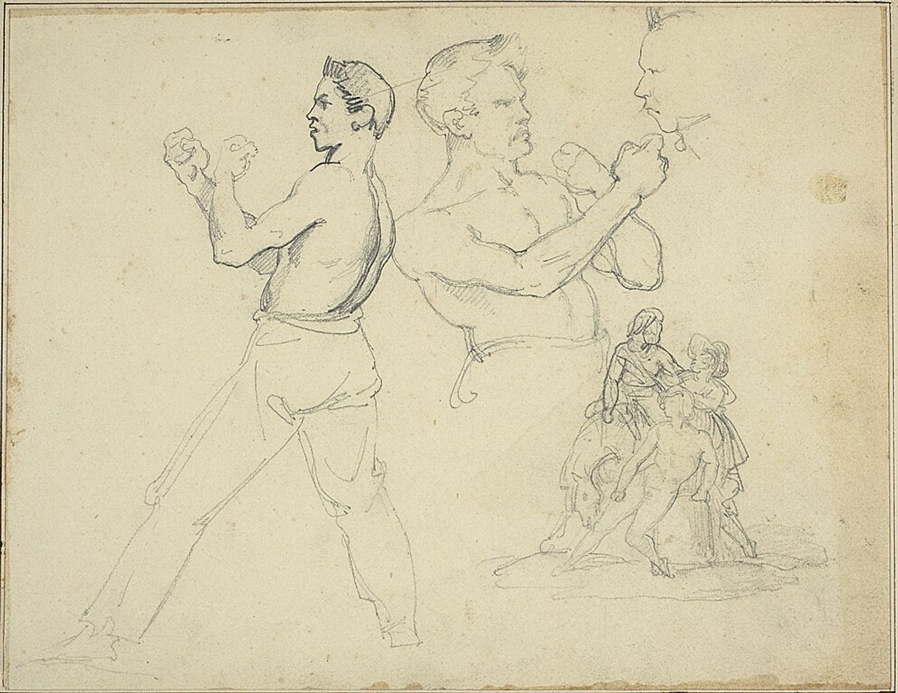Studies van boksers en schets van ruiter bijgestaan door twee figuren door Jean Louis André Théodore Géricault
