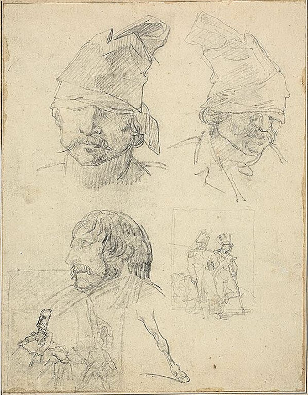 Studies van hoofden en twee compositiestudies door Jean Louis André Théodore Géricault
