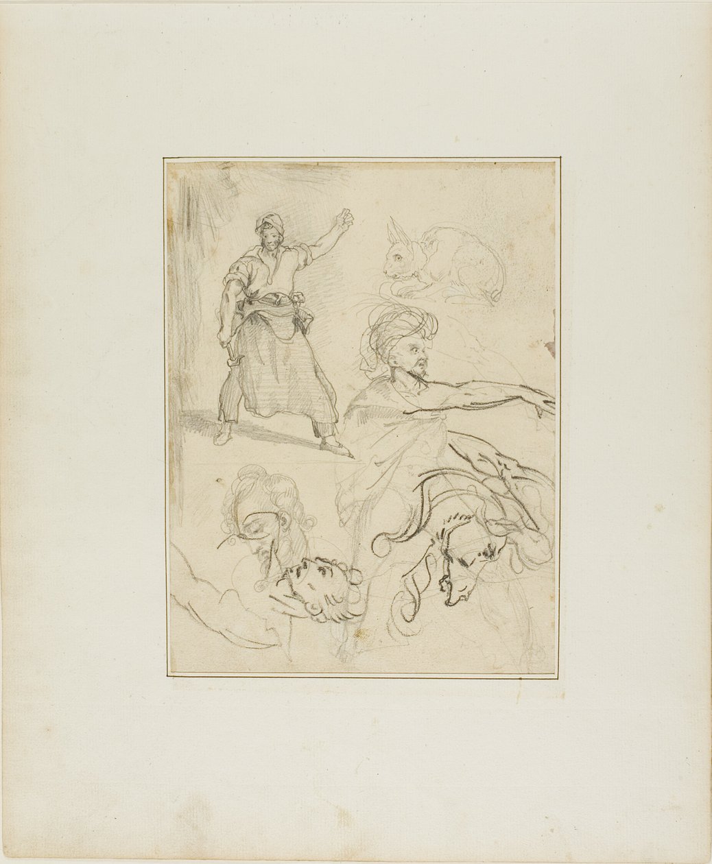 Studies van een smid en een paardenkop met schetsen van andere figuren en een konijn door Jean Louis André Théodore Géricault