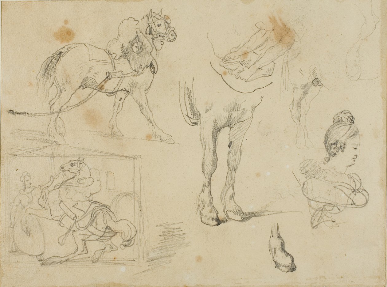 Studies van een trekpaard, een smid en een jonge vrouw door Jean Louis André Théodore Géricault