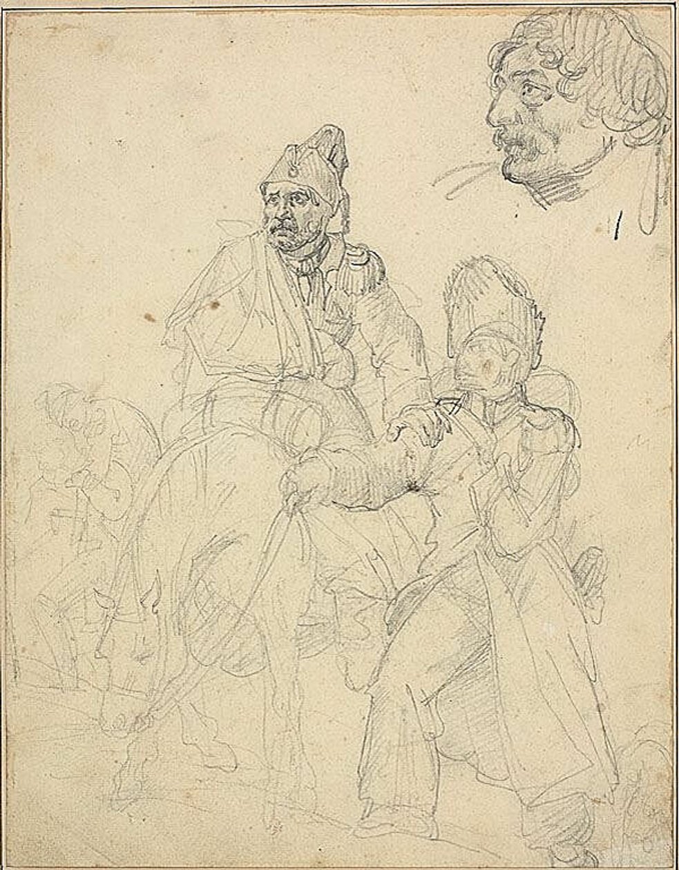 Studie van een figuurgroep, met detail van het hoofd van de grenadier door Jean Louis André Théodore Géricault