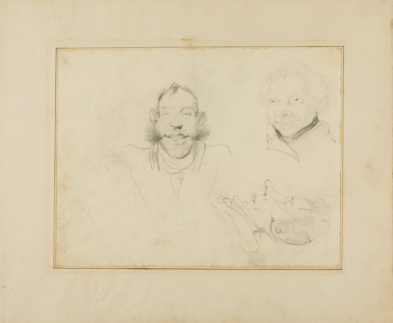 Drie karikaturen van hoofden door Jean Louis André Théodore Géricault