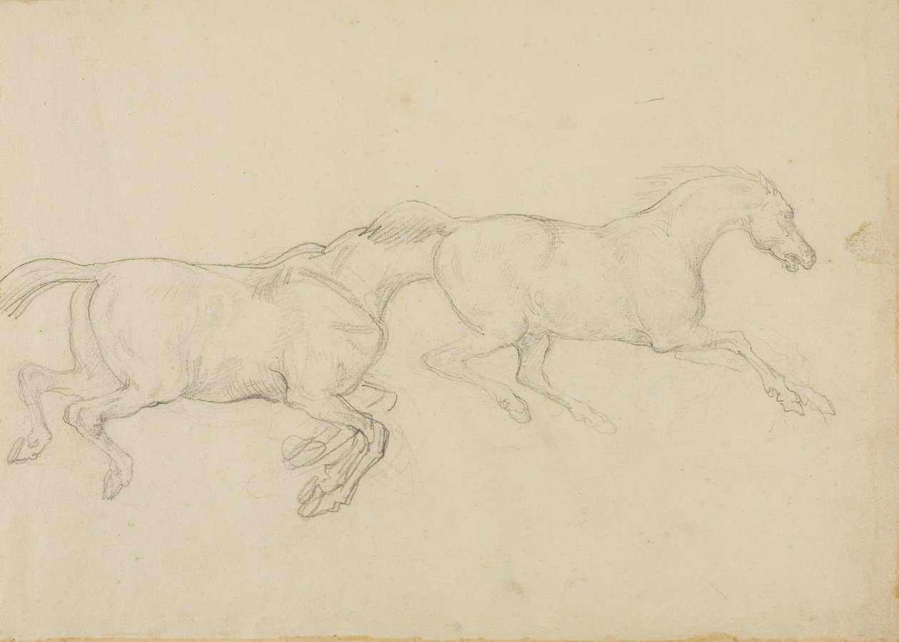 Twee paarden galopperen naar rechts door Jean Louis André Théodore Géricault