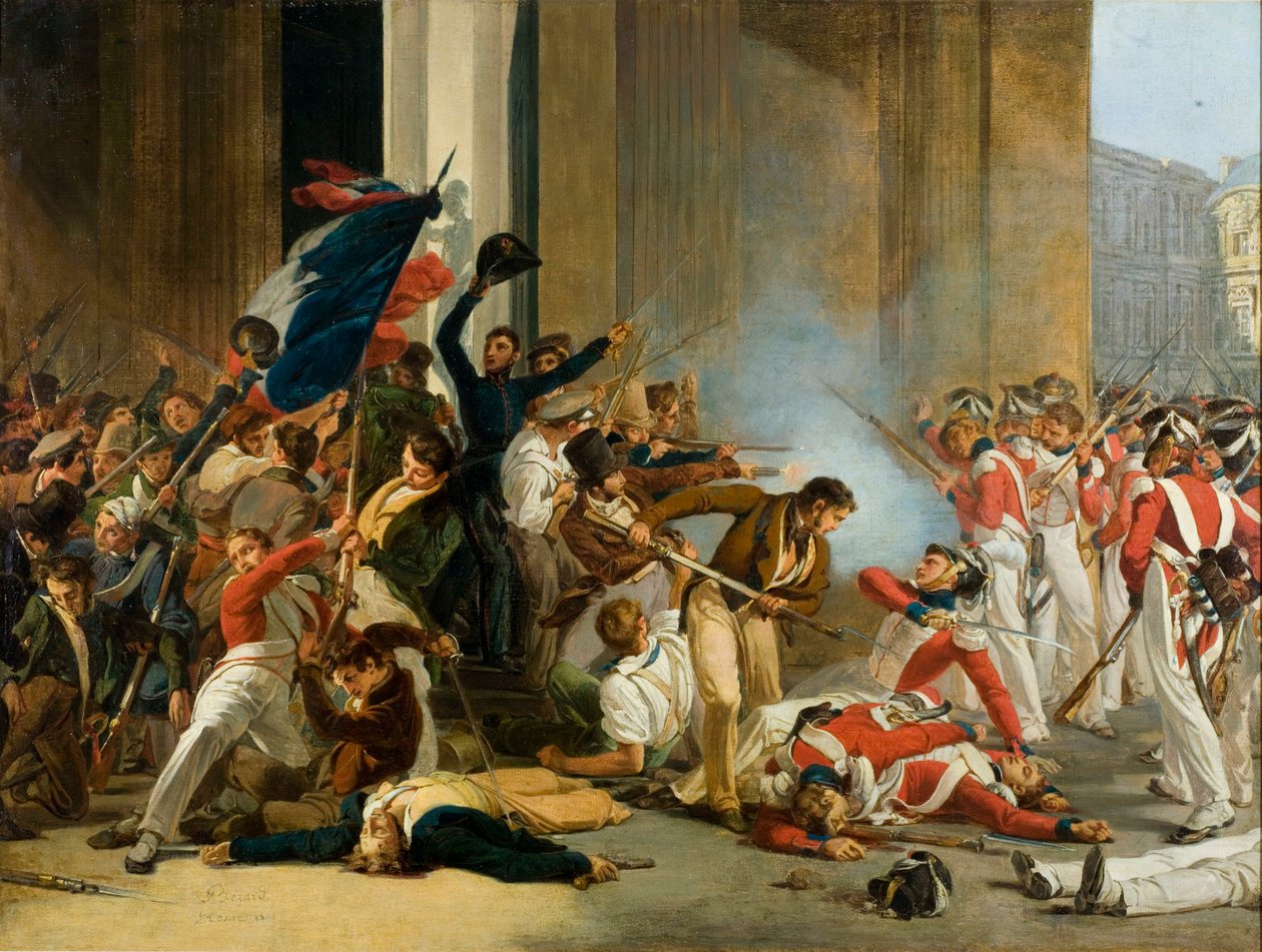 Het innemen van het Louvre, 29 juli 1830. Bloedbad van de Zwitserse Garde door Jean Louis Bezard