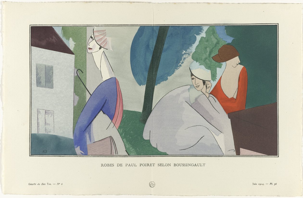 Gazette du Bon Ton, 1914 - No. 6, Pl. 56: Robes de Paul Poiret volgens Boussingault door Jean Louis Boussingault