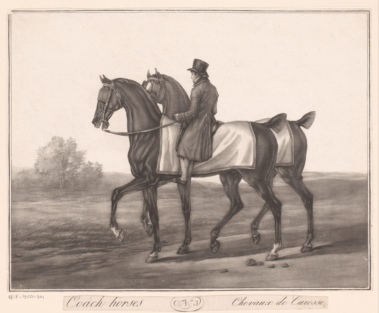 Ruiter begeleidt twee paarden door Jean Louis Darcis (attributed to)